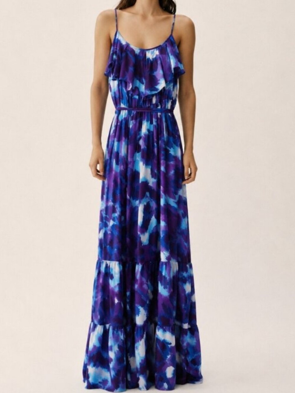 Spaghetti Strap Self Tie Ruffle Maxi Dress